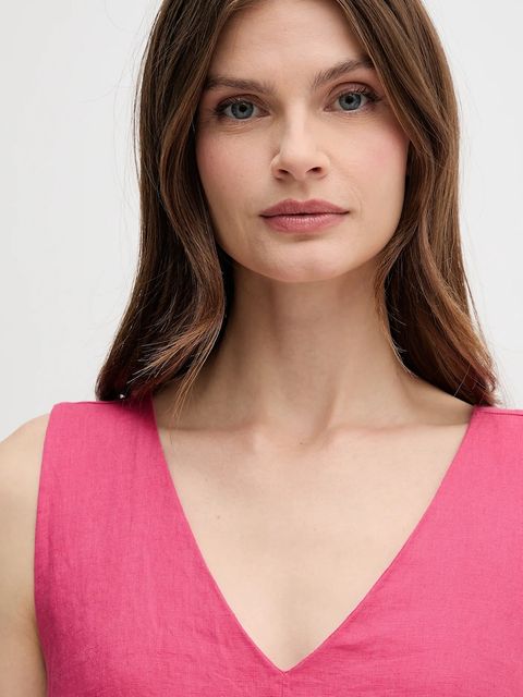 United Colors of Benetton sukienka lniana kolor różowy maxi rozkloszowana