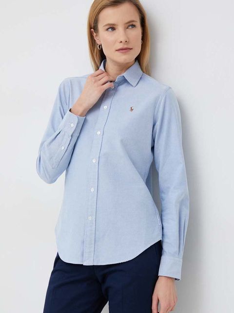 Polo Ralph Lauren koszula bawełniana damska kolor niebieski regular z kołnierzykiem klasycznym