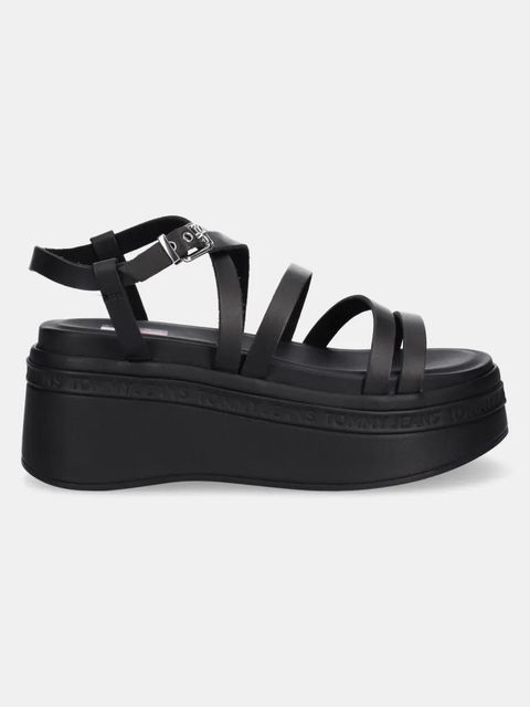 Tommy Jeans sandały skórzane WEDGY STRAPPY SANDAL damskie kolor czarny na platformie EN0EN02756