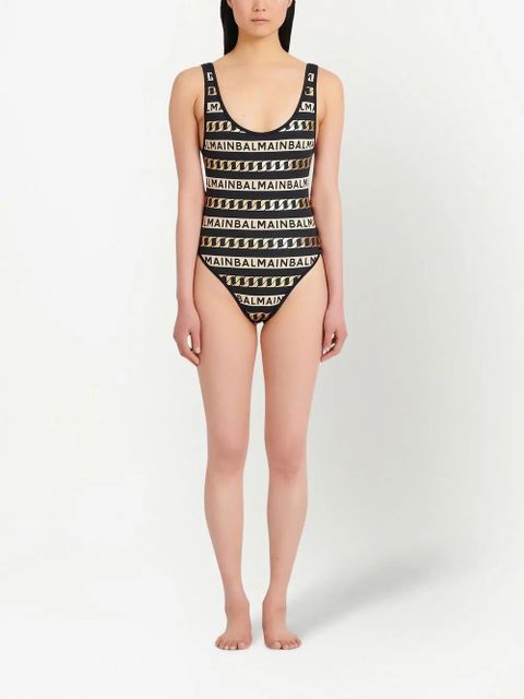 Balmain striped logo-print swimsuit - Black