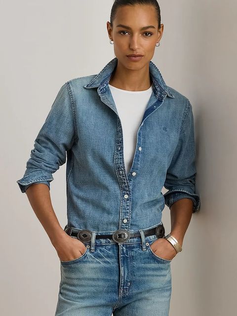 Lauren Ralph Lauren koszula bawełniana jeansowa damska kolor niebieski regular z kołnierzykiem klasycznym 200P08166 - zdjęcie produktu nr 1