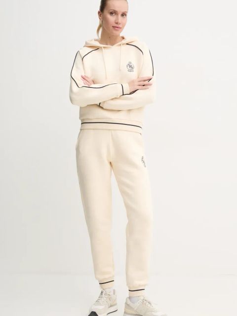 Guess bluza NIA damska kolor beżowy z kapturem z aplikacją V4BQ05 KCHU1