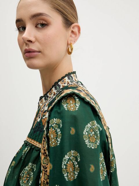 Farm Rio koszula bawełniana damska kolor zielony relaxed ze stójką 351137