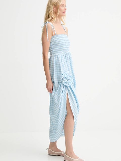 The Sleeper sukienka lniana kolor niebieski midi rozkloszowana ATDR01G027R