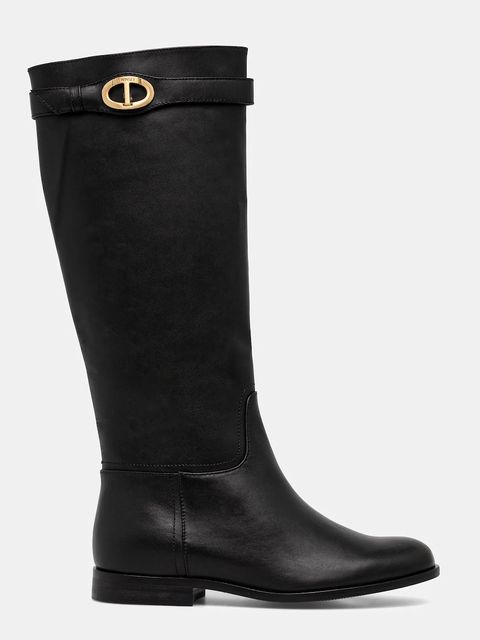 Twinset kozaki skórzane damskie kolor czarny na płaskim obcasie 252TCP19C