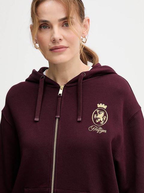 Tommy Hilfiger bluza bawełniana damska kolor bordowy z kapturem z aplikacją WW0WW46126