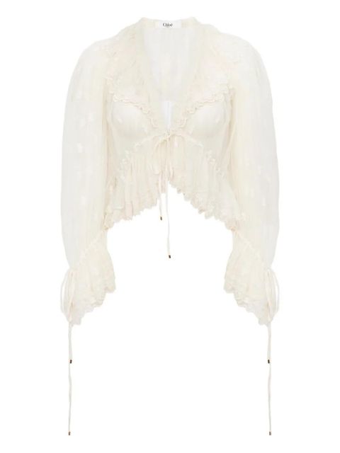 Chloé v-neck ruffled embroidery lace blouse - Neutrals - zdjęcie produktu nr 1