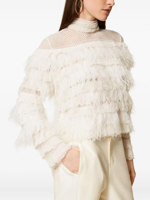 TWINSET feather-embellished ruffled jumper - White