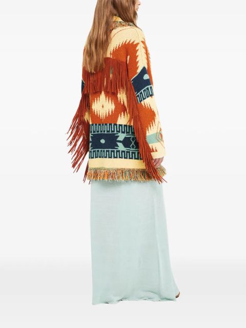 Alanui Golden Dusk geometric-pattern fringed cardi-coat - Neutrals