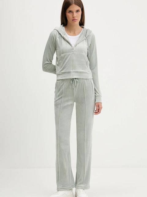 Juicy Couture bluza welurowa damska kolor szary z kapturem gładka JCWAS225306 - zdjęcie produktu nr 2