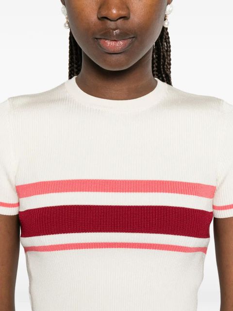 Self-Portrait striped ribbed-knit T-shirt - Neutrals