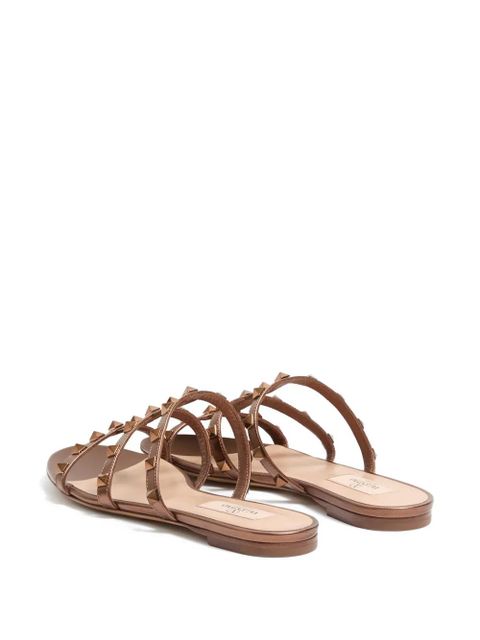 Valentino Garavani Rockstud flat metallic-nappa slide sandals - Brown