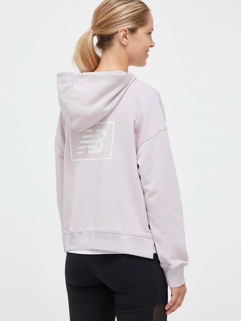 New Balance bluza damska kolor fioletowy z kapturem z nadrukiem