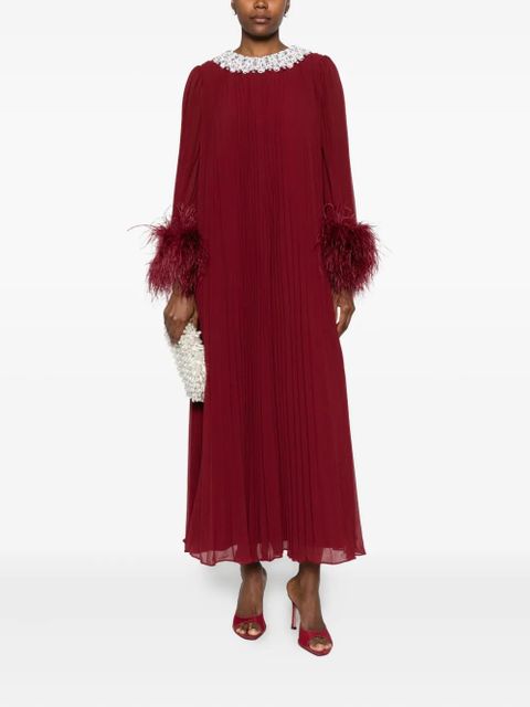 Self-Portrait feather-trimmed chiffon midi dress - Red