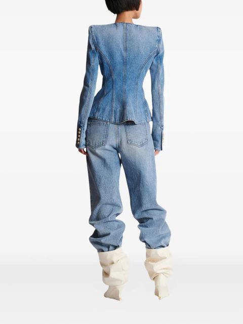 Balmain padded-shoulder buttoned denim jacket - Blue