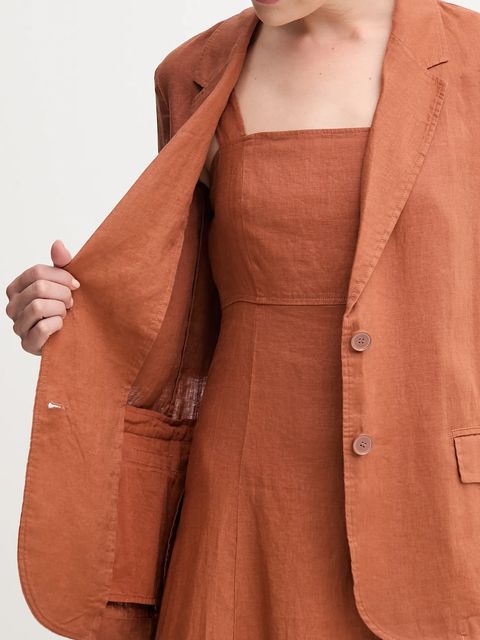 United Colors of Benetton marynarka lniana kolor brązowy jednorzędowa gładka