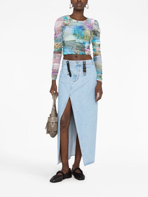 GANNI Wild Orchid-print mesh top - Blue