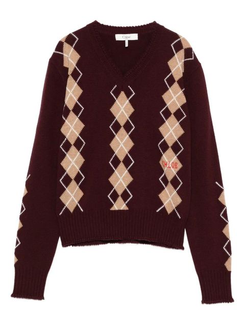 Chloé V-neck argyle-knit jumper - Red - zdjęcie produktu nr 1