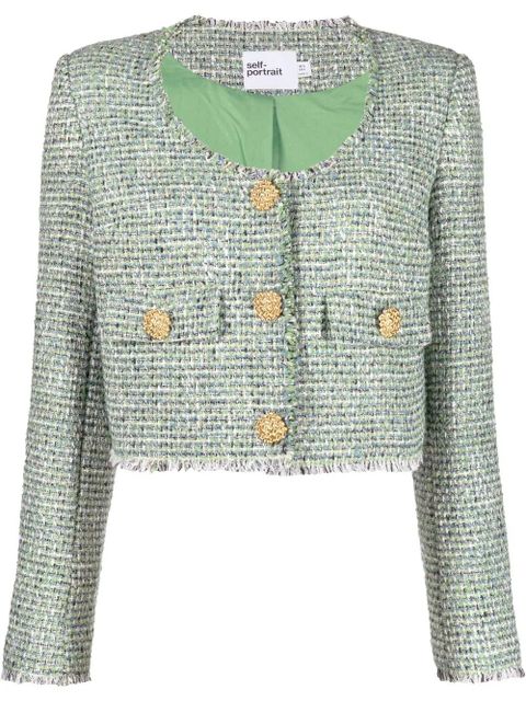 Self-Portrait tweed scoop-neck jacket - Green - zdjęcie produktu nr 1