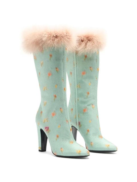 Valentino Garavani Hotty feather-trim floral-print boots - Blue - zdjęcie produktu nr 2