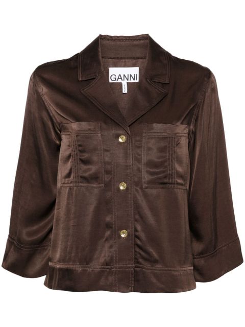 GANNI washed satin cropped shirt - Brown