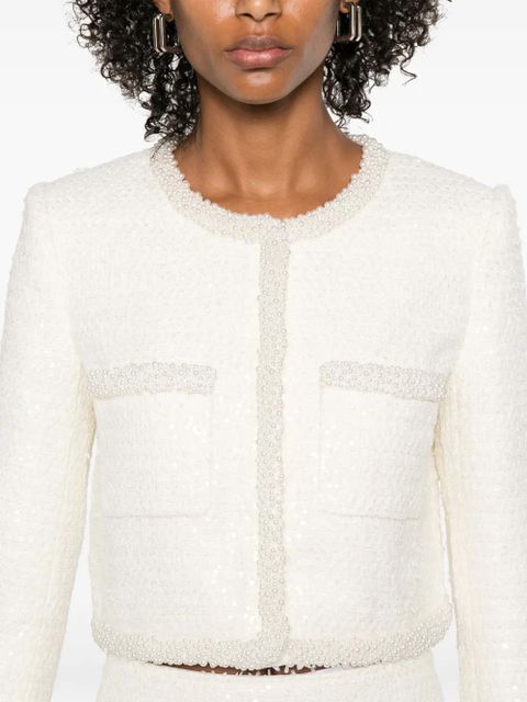 Self-Portrait bouclé faux-pearl-trim jacket - White