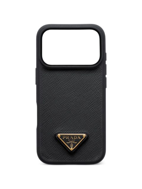 Prada enameled metal triangle leather iPhone 17 Pro Max phone case - Black - zdjęcie produktu nr 1