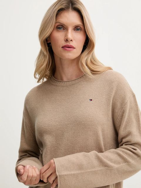 Tommy Hilfiger sweter wełniany damski kolor beżowy lekki WW0WW46438