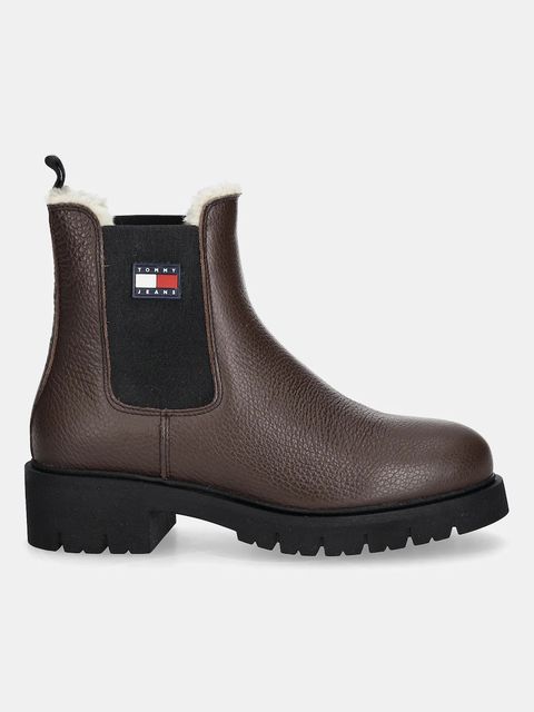 Tommy Jeans sztyblety skórzane TJW CHELSEA BOOT WL damskie kolor brązowy na platformie ocieplone EN0EN02826