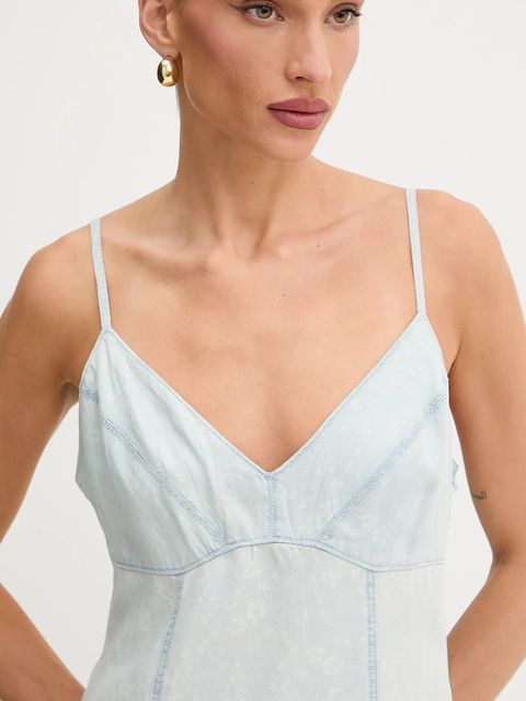 Guess sukienka z domieszką lnu FRANCISCA kolor niebieski mini rozkloszowana W5GK44 D5N81