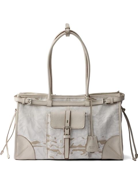 Prada Bonnie large printed linen and leather handbag - Neutrals - zdjęcie produktu nr 1
