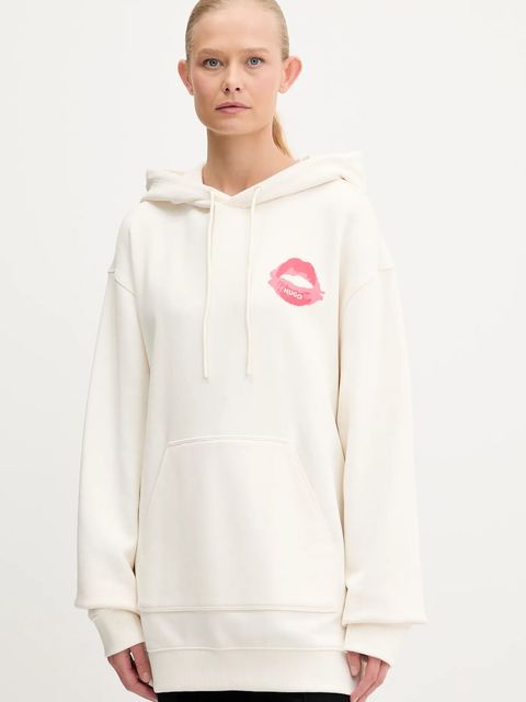 HUGO bluza bawełniana damska kolor beżowy z kapturem z nadrukiem 50545201 - zdjęcie produktu nr 1