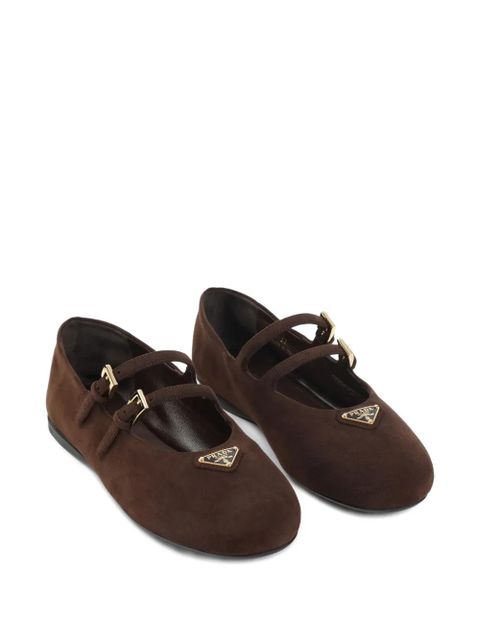 Prada double-buckle suede ballet flats - Brown