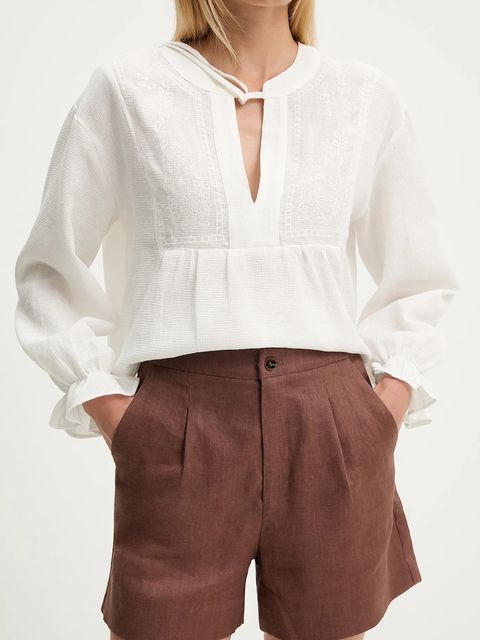 Answear.LAB szorty lniane damskie kolor brązowy gładkie high waist - zdjęcie produktu nr 1