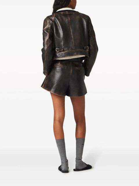 Miu Miu distressed leather mini shorts - Brown