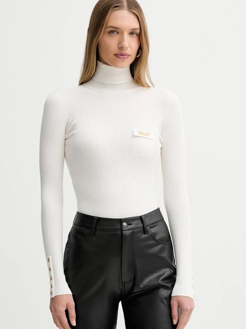 Elisabetta Franchi sweter z dodatkiem jedwabiu damski kolor beżowy lekki z golfem MK11B56E2 - zdjęcie produktu nr 1