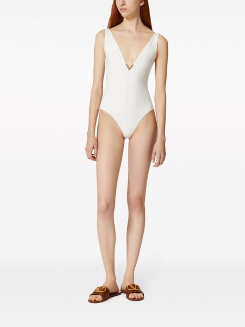 Valentino Garavani logo-plaque V-neck swimsuit - White