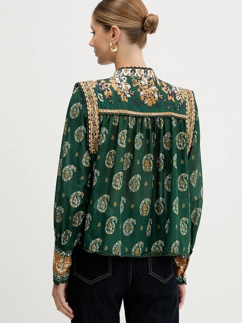 Farm Rio koszula bawełniana damska kolor zielony relaxed ze stójką 351137