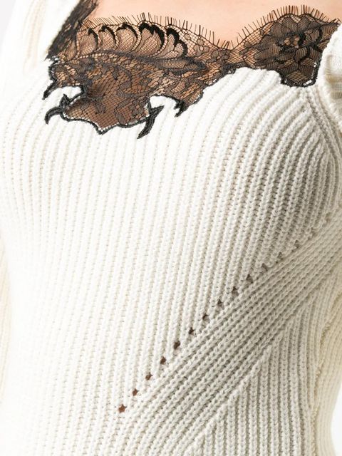 Self-Portrait lace-trimmed ribbed dress - White