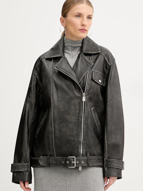 Pinko ramoneska skórzana kolor czarny przejściowa oversize 105369 A23U