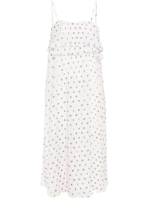 GANNI monogram-print plissé midi dress - White