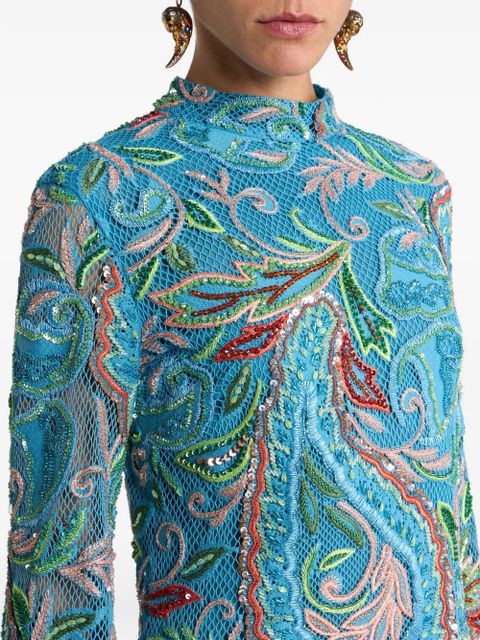 ETRO crochet-effect paisley-embroidered dress - Blue