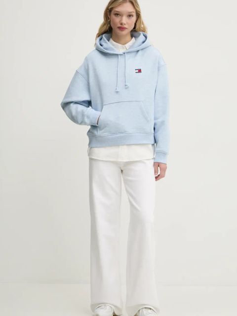 Tommy Jeans bluza bawełniana damska kolor niebieski z kapturem z aplikacją DW0DW19414