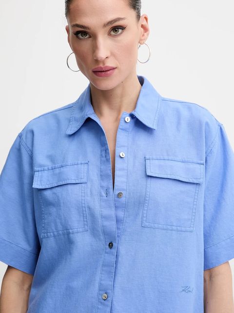 Karl Lagerfeld koszula lniana damska kolor niebieski relaxed z kołnierzykiem klasycznym A2W11012