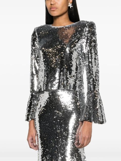 Self-Portrait sequin-embellished mesh top - Silver