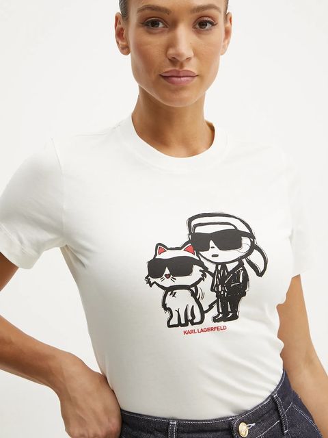 Karl Lagerfeld t-shirt bawełniany IKON SKETCH damski kolor beżowy A1W17129