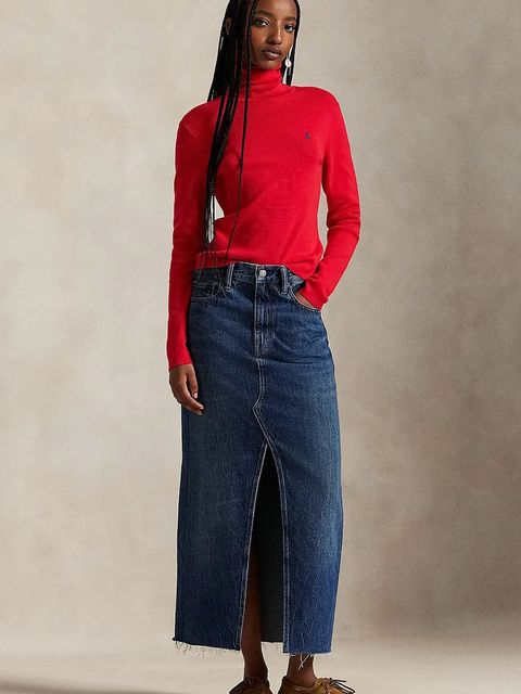 Polo Ralph Lauren spódnica jeansowa kolor granatowy midi prosta 211A95501