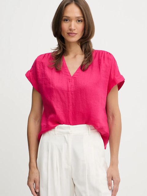 United Colors of Benetton bluzka lniana damska kolor różowy gładka 5BMLDQ0BR - zdjęcie produktu nr 1