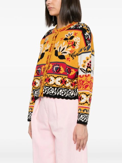 FARM Rio floral-intarsia scalloped-trim cardigan - Yellow