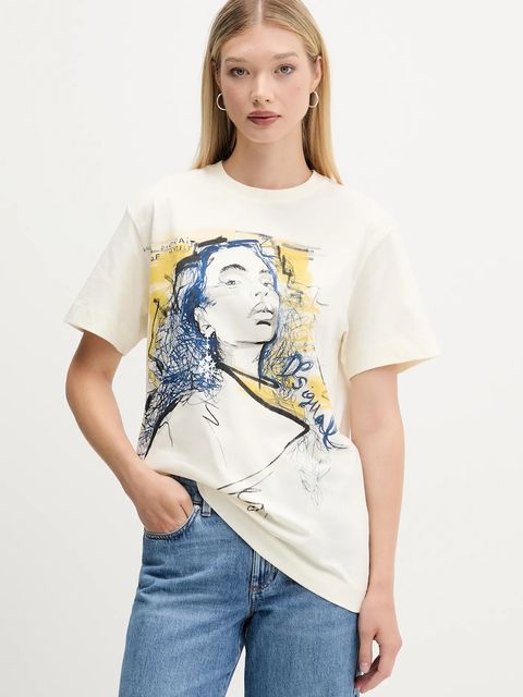 Desigual t-shirt bawełniany PORTRAIT damski kolor beżowy 25WWTK05 - zdjęcie produktu nr 1